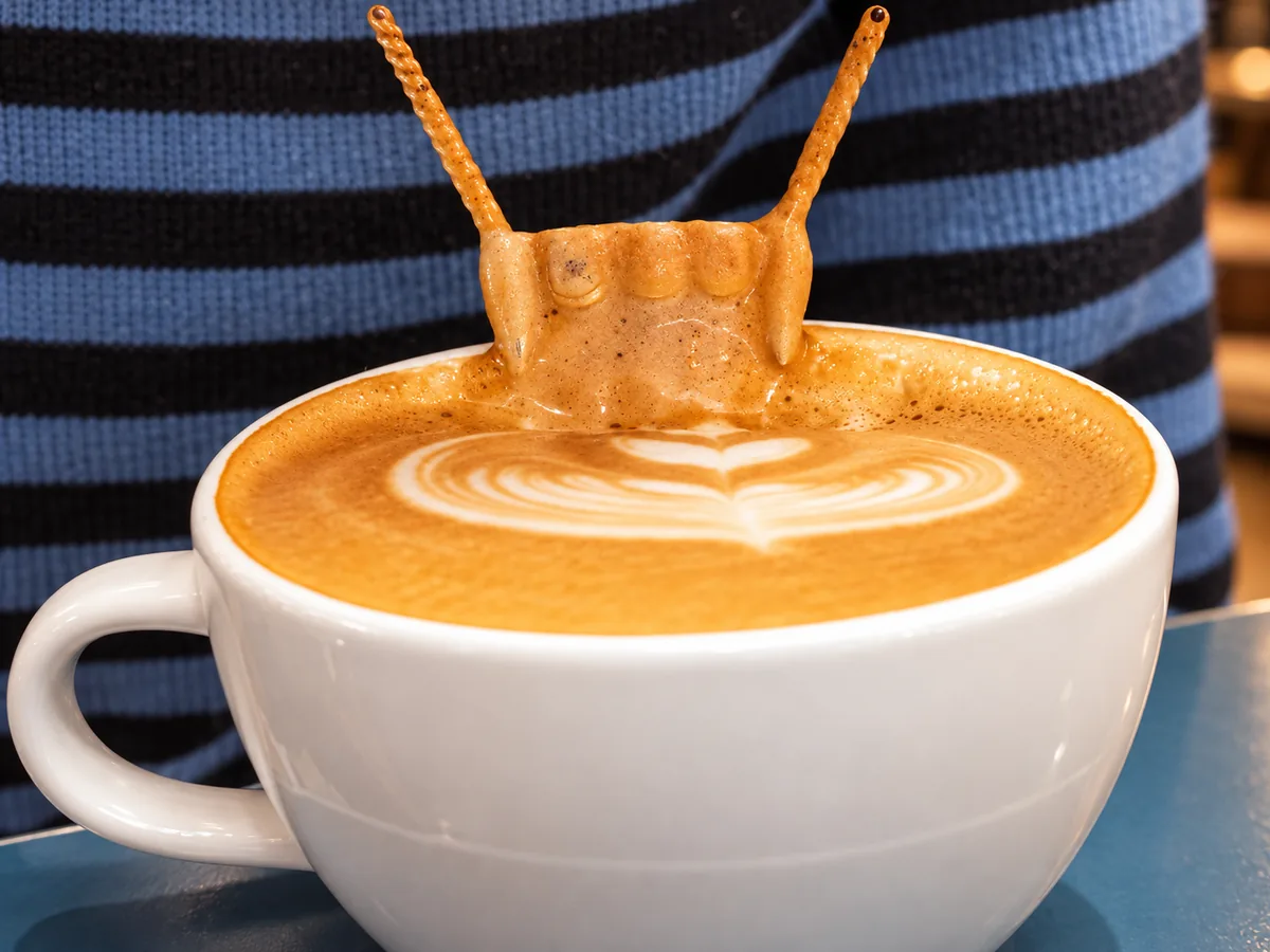 A latte with a playful biscuit balanced over the cup