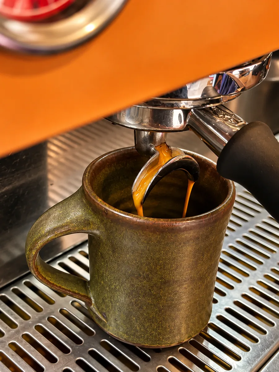 Espresso pouring into a handmade ceramic cup